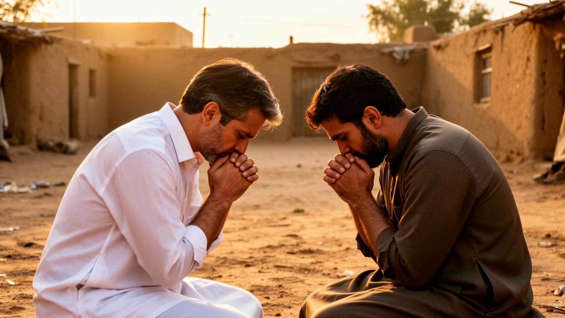 Two men praying together at sunset in a village courtyard