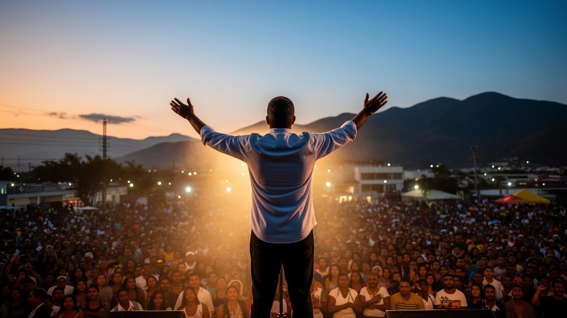 Preacher with arms raised before a crowd at sunset