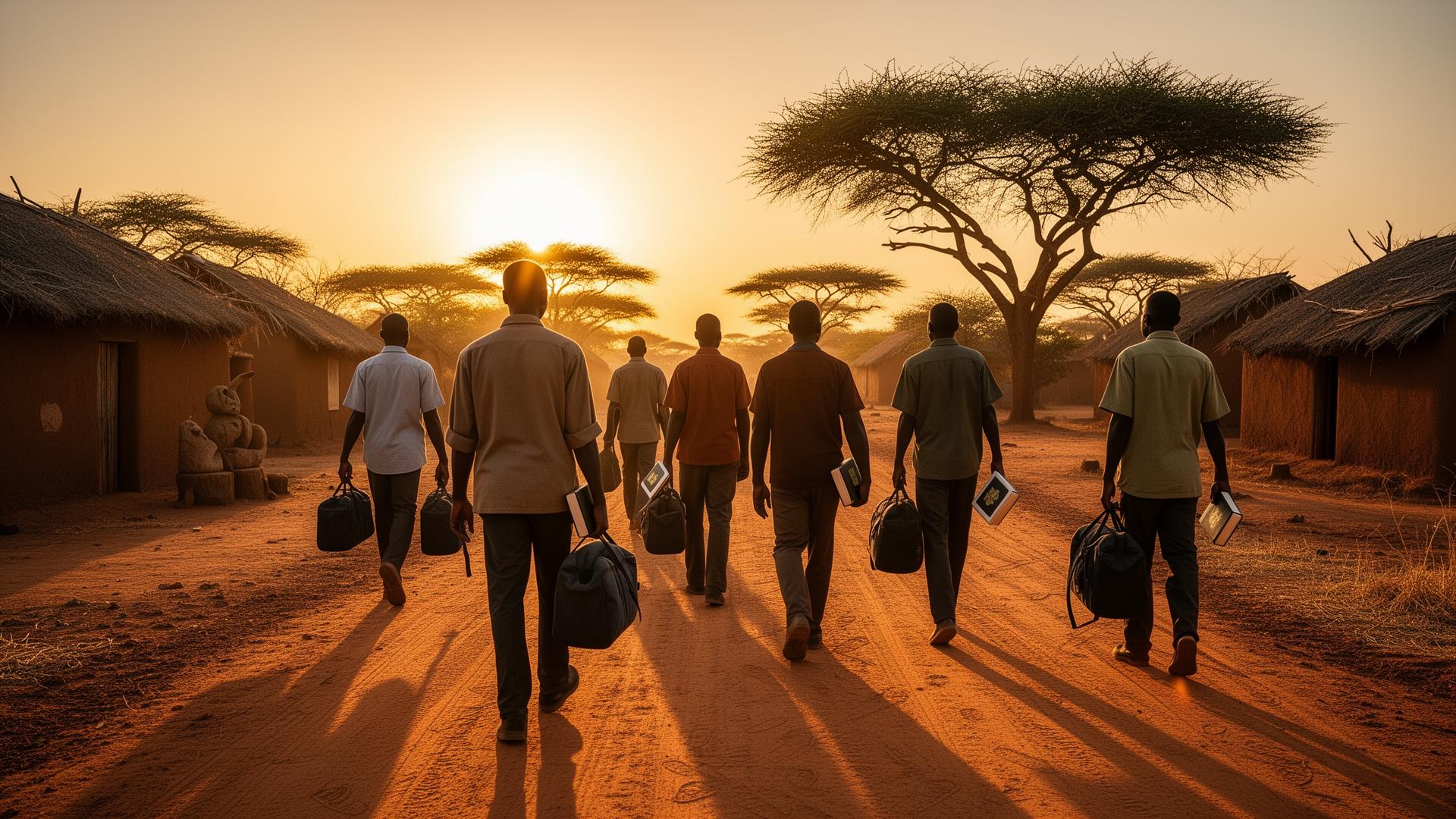 A team walking with Bibles into an African village at sunrise
